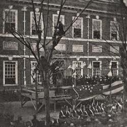 This image captures the communal funeral procession for Lincoln at Independence Hall