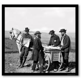 Men meeting over a horse and cart.